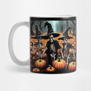 Three Skeletons Wearing Witches Costume In A Pumpkin Patch Mug